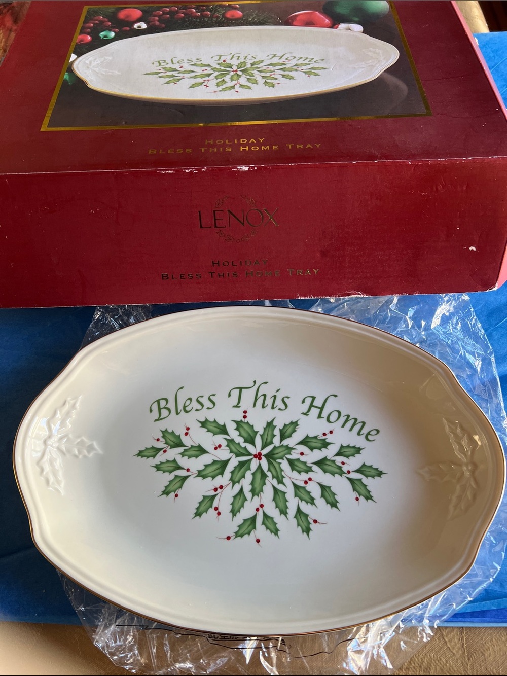 Lenox Cream Holiday Serving Platter with Green Holly and Red Berries